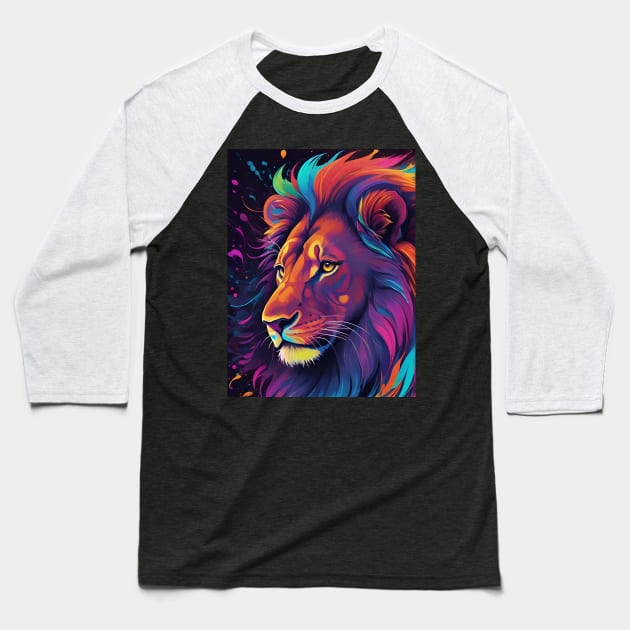 Colourful Lion Head Close Up Baseball T-Shirt by Rossie Designs